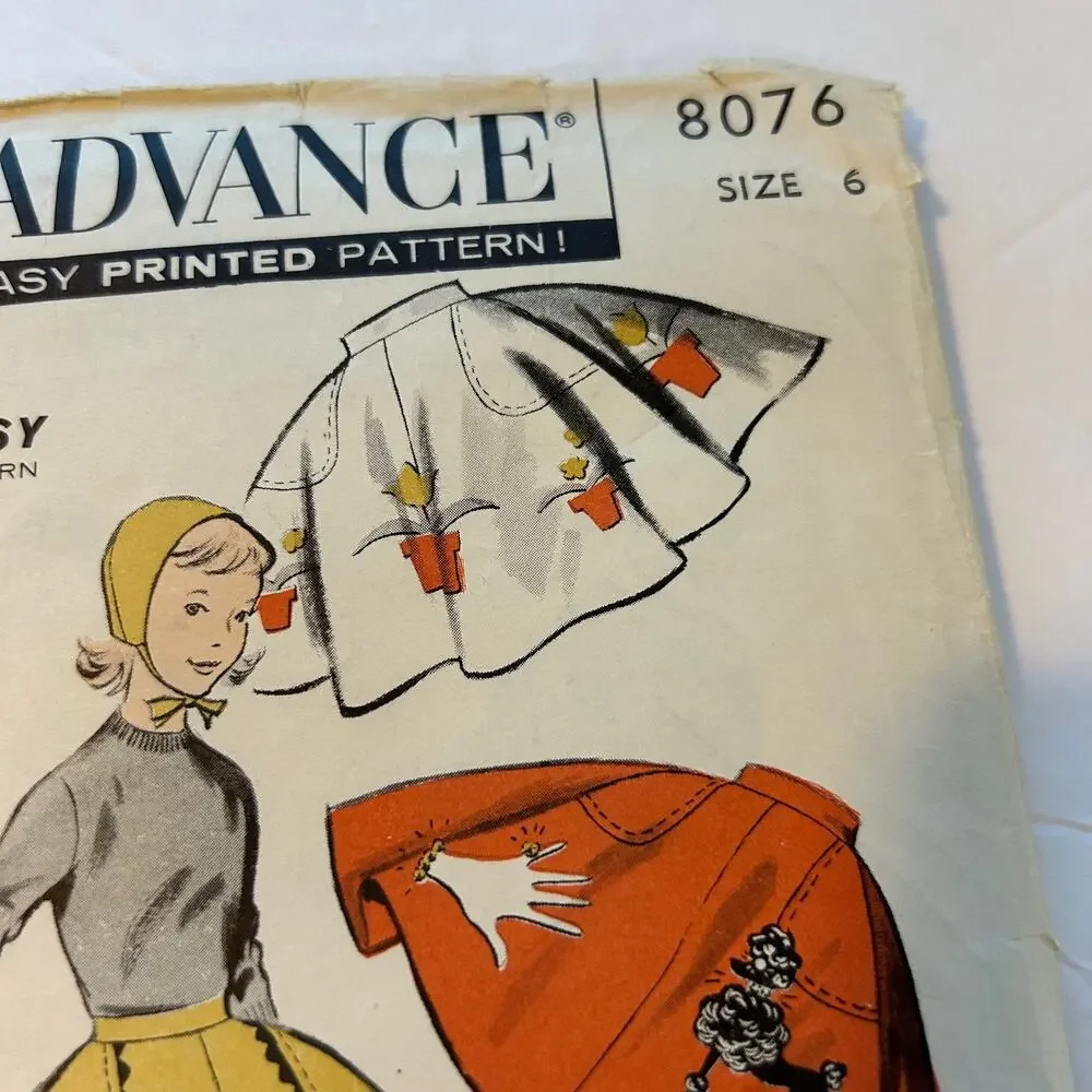 Advance Vintage 1950's‎ Pattern #8076  Girls Circle Poodle Skirt and Cap Size 6